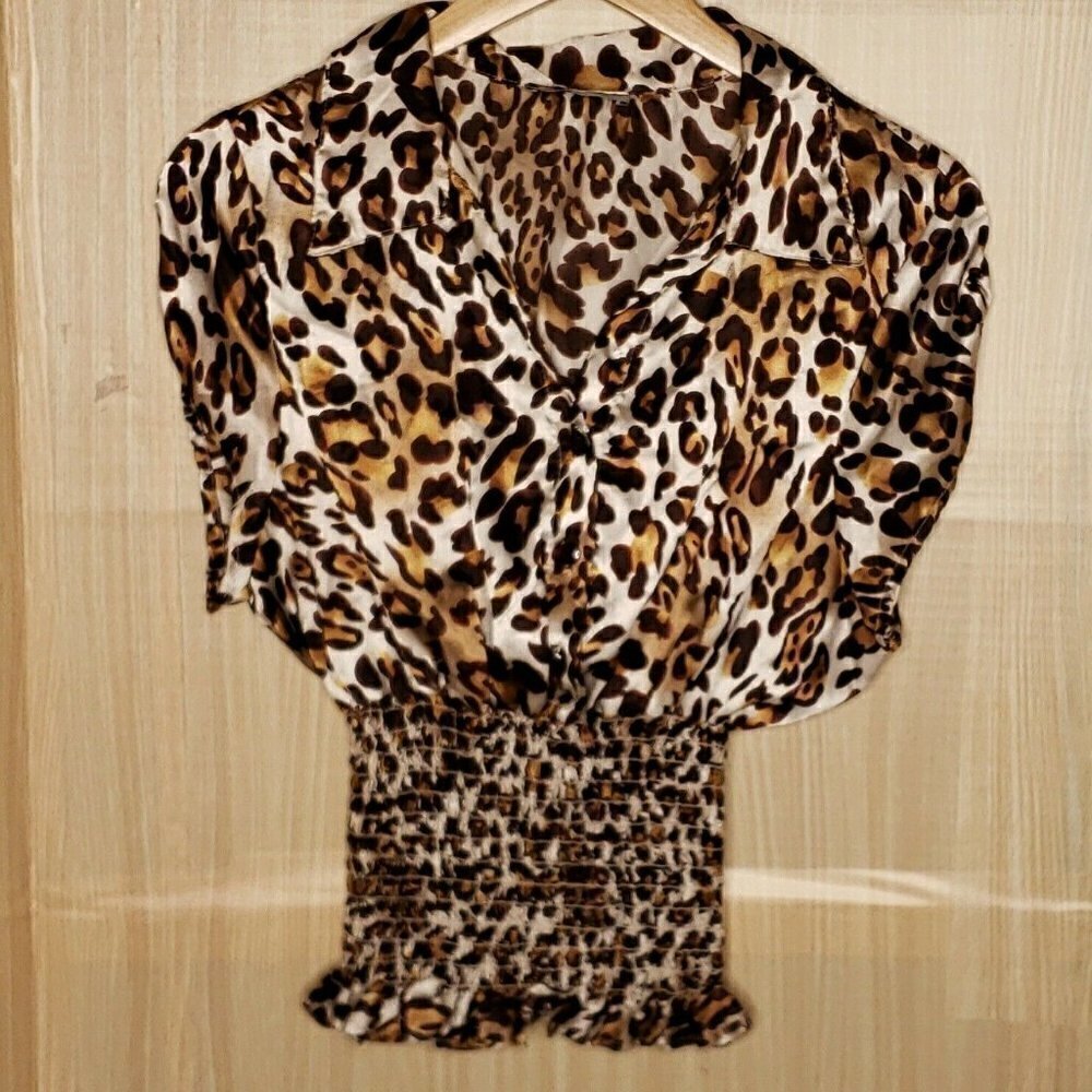 Jamie Nicole Womens Animal Print Short Sleeve Blouse With Shirred Bottom XS